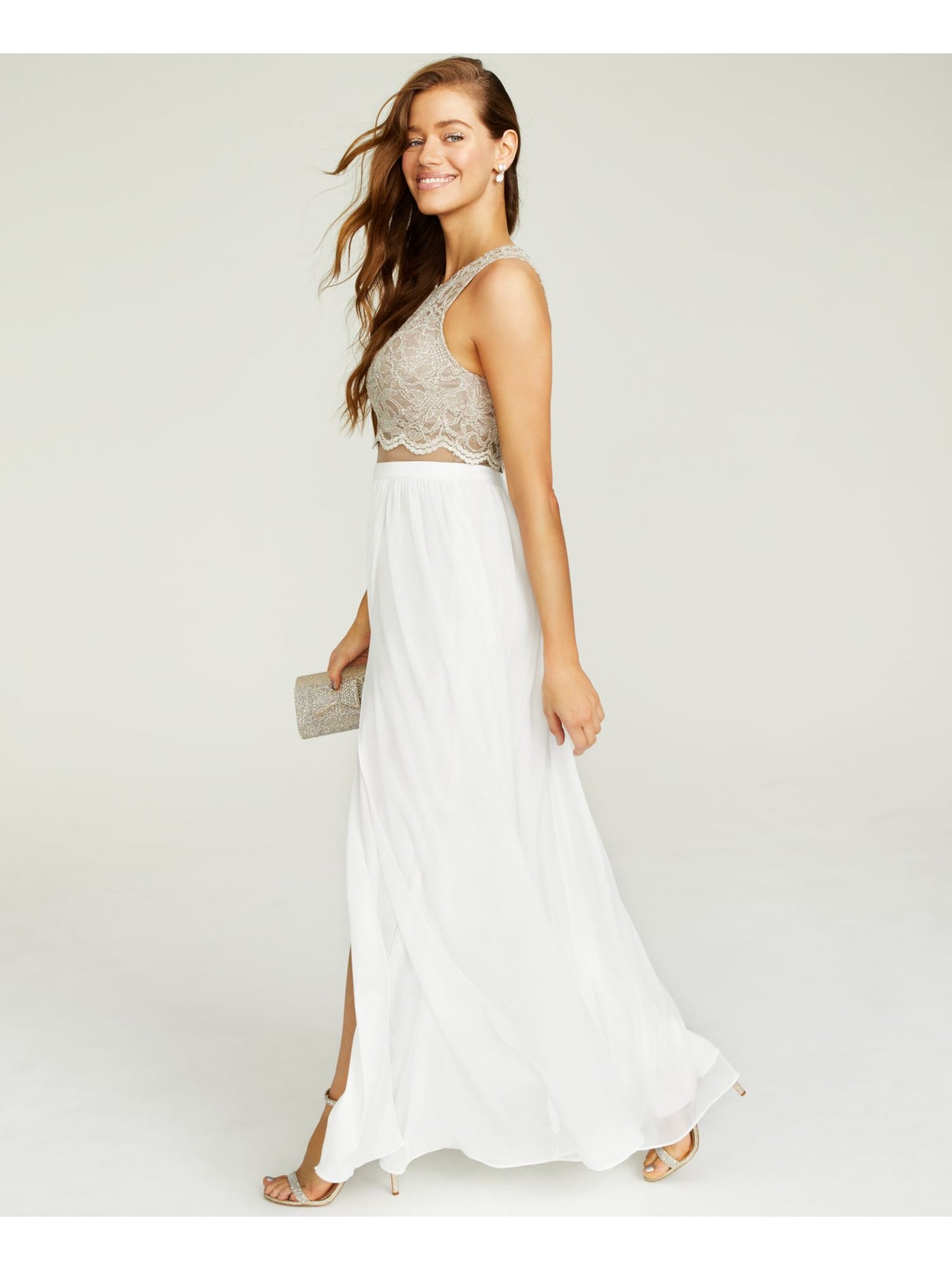 CITY STUDIO Womens Nylon Embroidered Sleeveless Halter Full-Length Prom Fit + Flare Dress