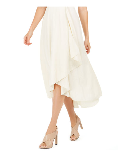 CALVIN KLEIN Womens Ivory Sleeveless V Neck Tea-Length Fit + Flare Dress 2