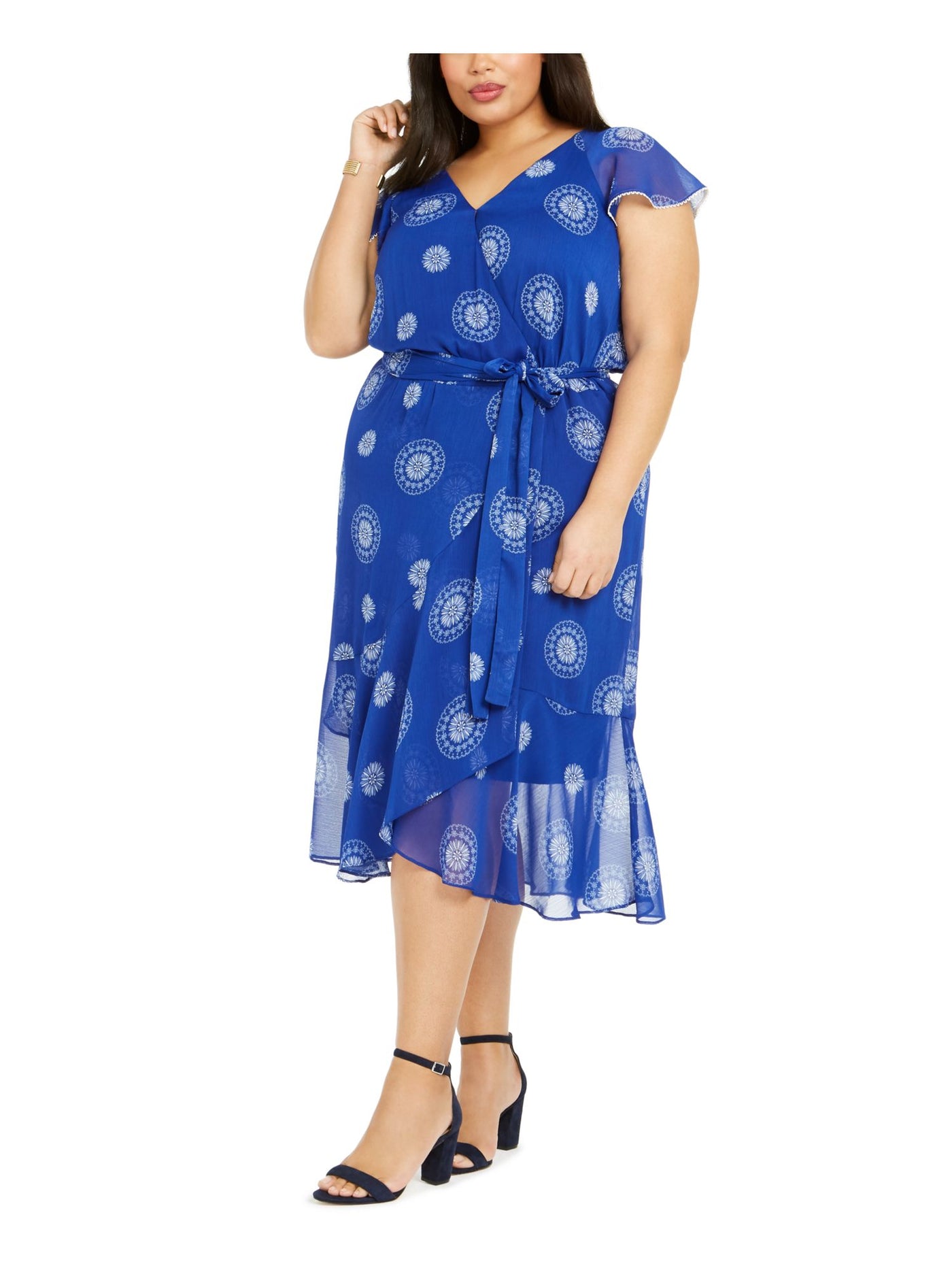 TOMMY HILFIGER Womens Blue Tie Printed Cap Sleeve V Neck Tea-Length Party Wrap Dress Plus 22W