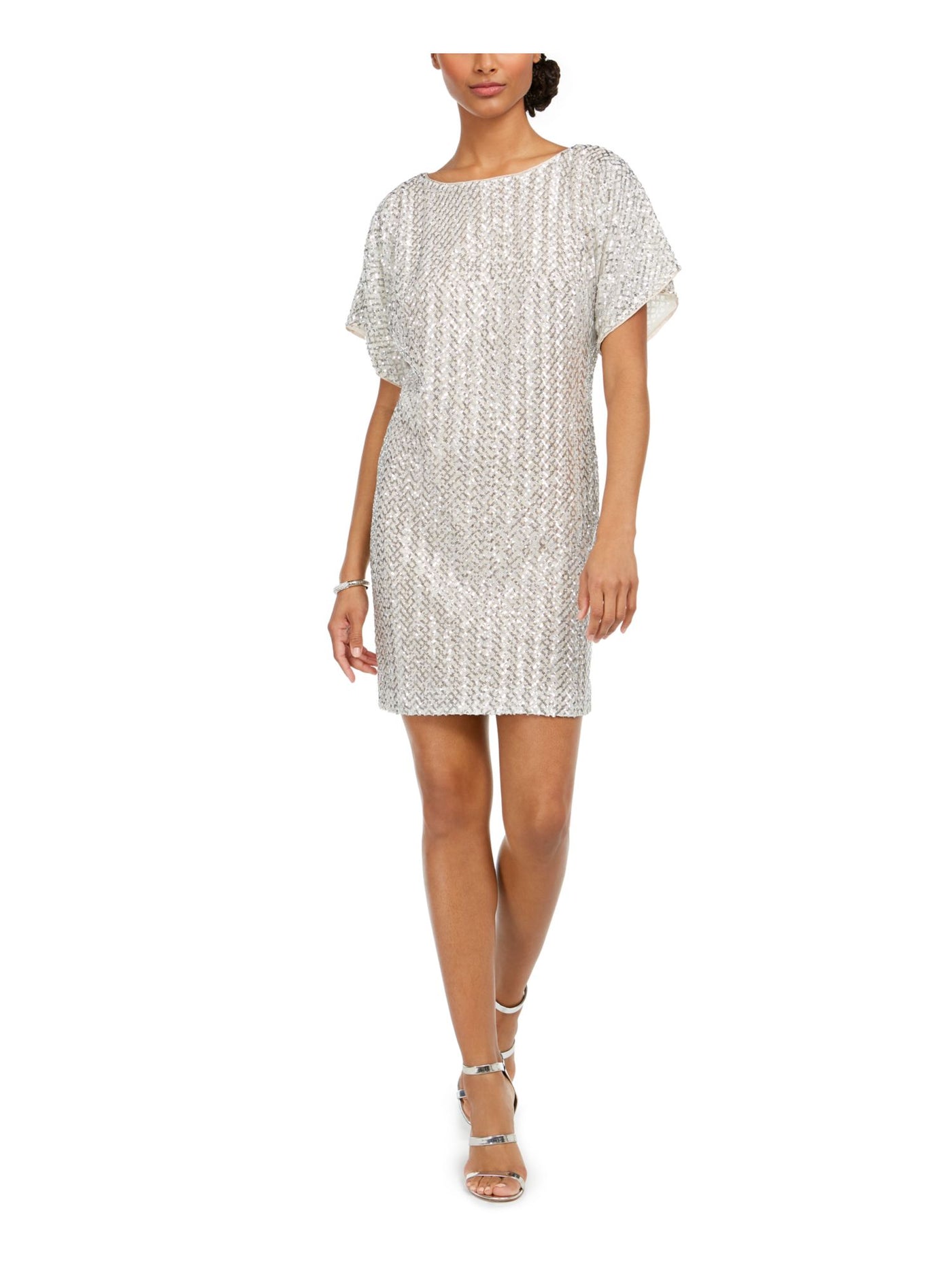 VINCE CAMUTO Womens White Stretch Sequined Keyhole-back Short Sleeve Round Neck Short Cocktail Shift Dress 2