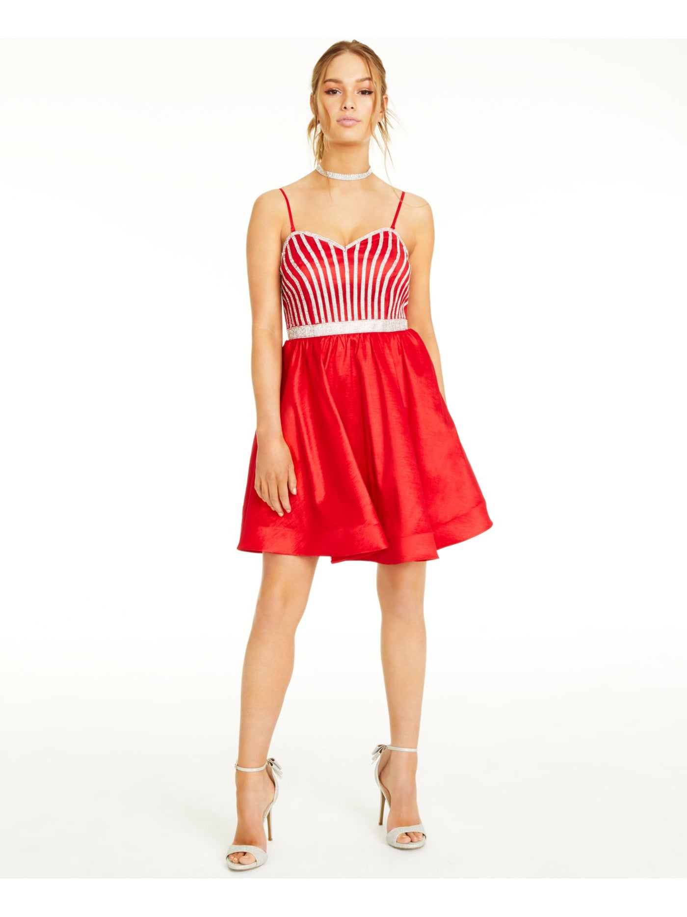 CRYSTAL DOLLS Womens Red Ruffled Rhinestone Spaghetti Strap Short Formal Fit + Flare Dress Juniors 13