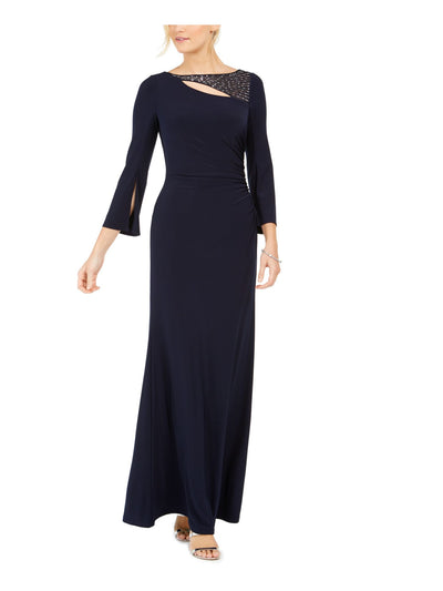 VINCE CAMUTO Womens Navy Stretch Embellished Zippered Bell Sleeve Boat Neck Full-Length Evening Sheath Dress 2