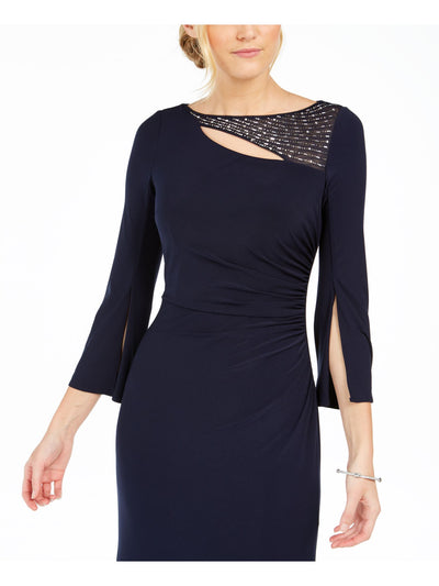 VINCE CAMUTO Womens Navy Stretch Embellished Bell Sleeve Boat Neck Full-Length Evening Sheath Dress 4