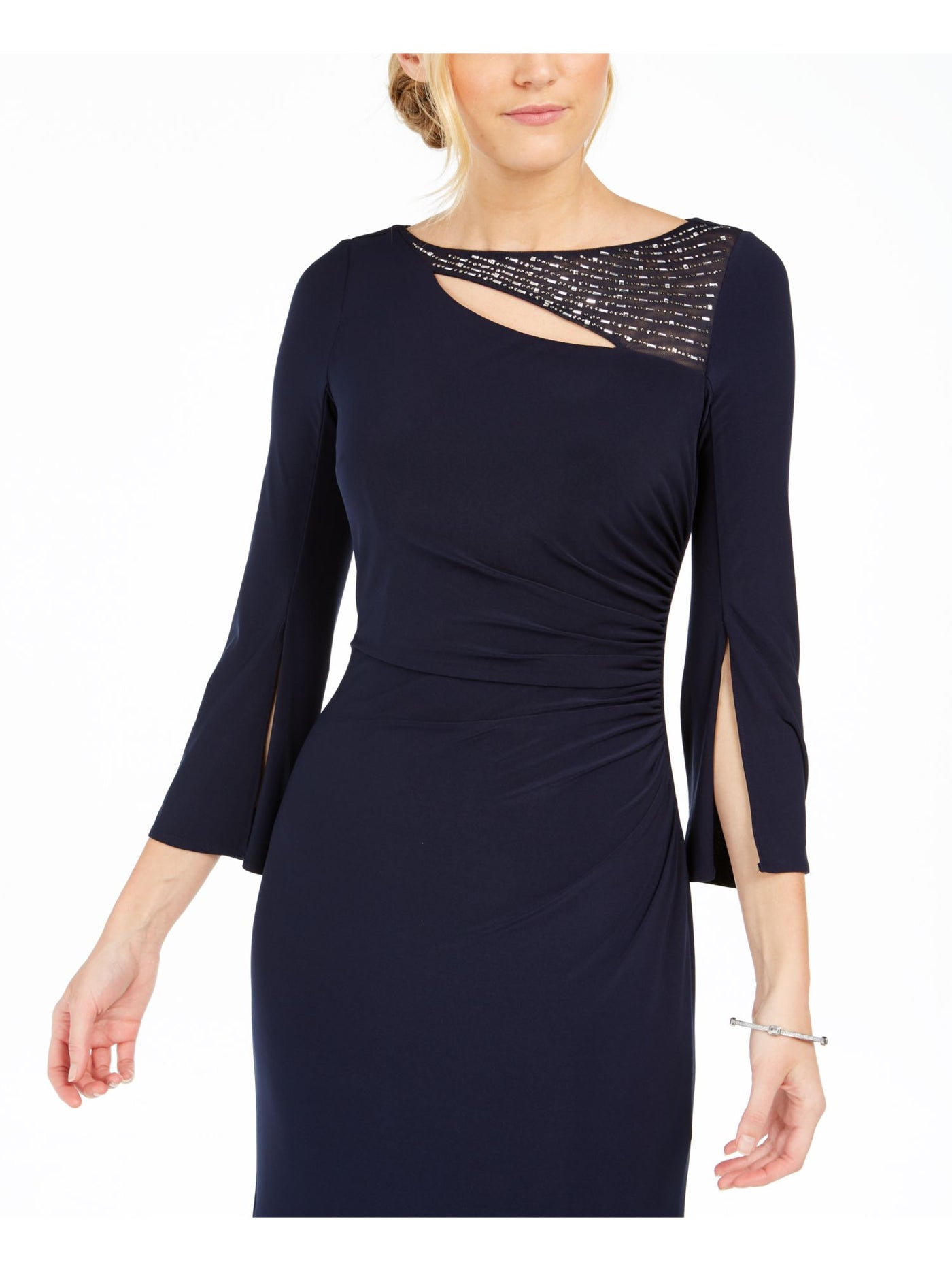 VINCE CAMUTO Womens Navy Stretch Embellished Zippered Bell Sleeve Boat Neck Full-Length Evening Sheath Dress 8