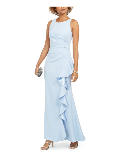 VINCE CAMUTO Womens Light Blue Ruched Ruffled Slitted Sleeveless Maxi Formal Dress Petites 12P