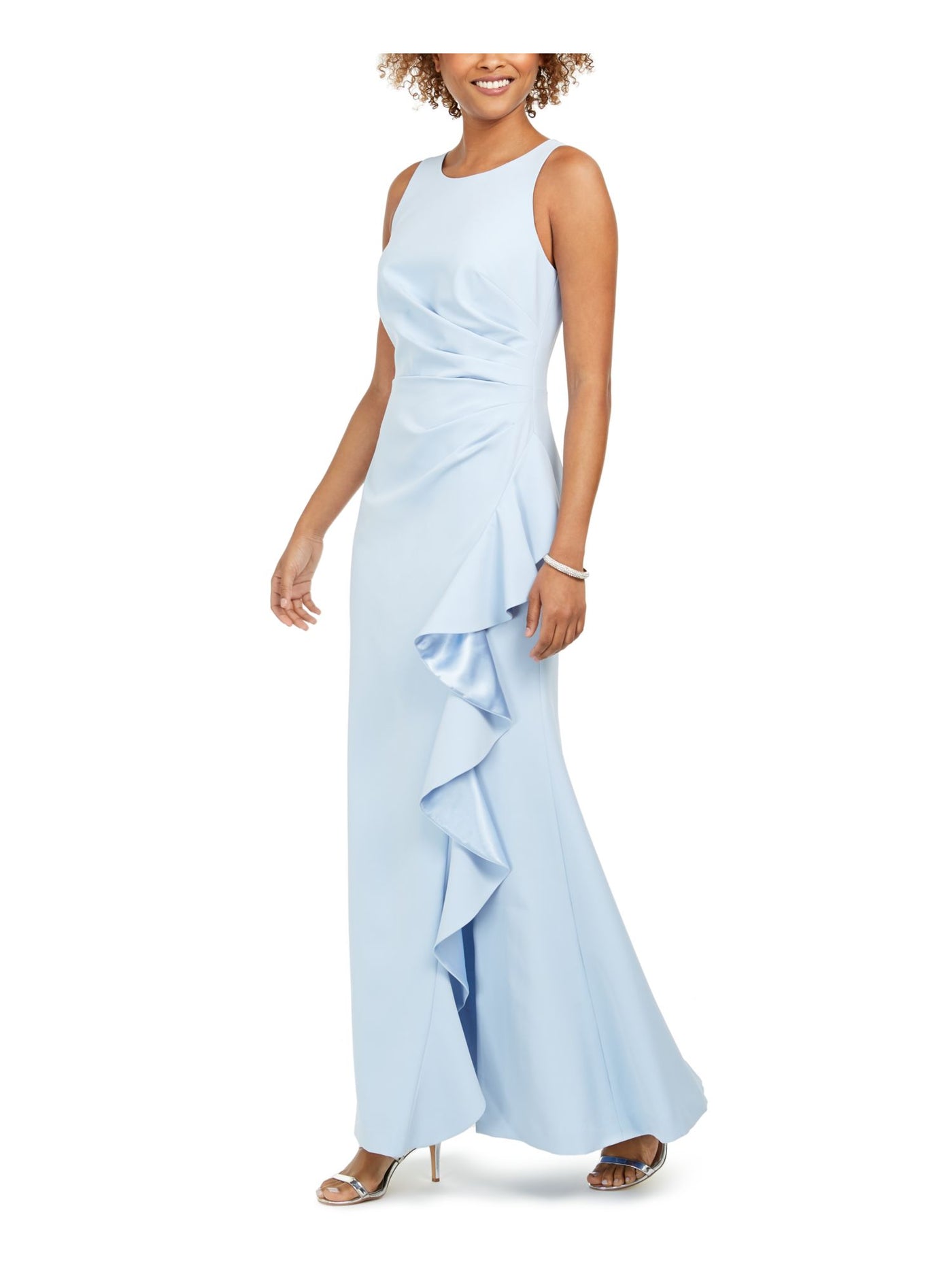 VINCE CAMUTO Womens Light Blue Ruched Ruffled Slitted Sleeveless Maxi Formal Dress Petites 12P