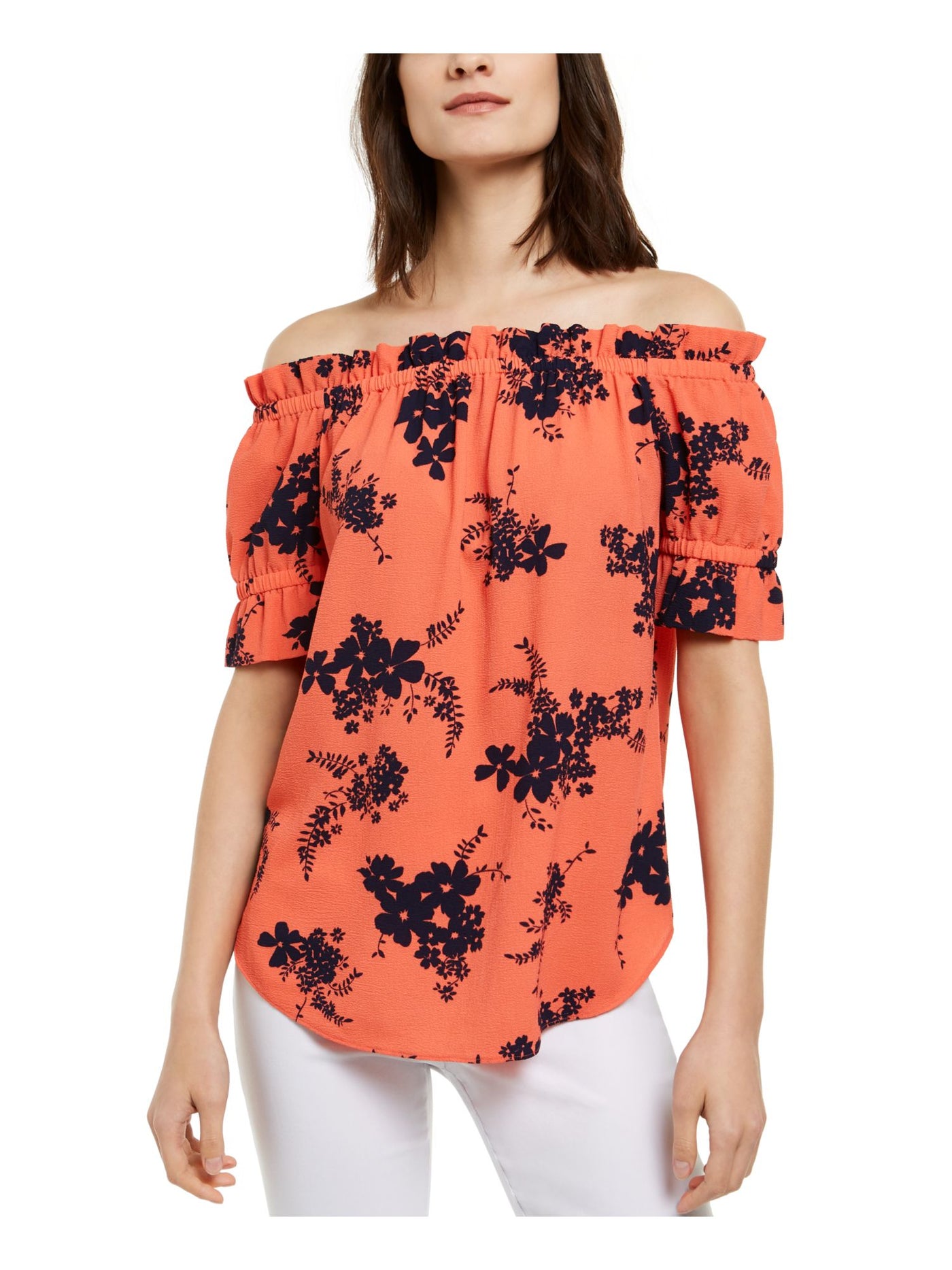 MICHAEL MICHAEL KORS Womens Coral Floral Elbow Sleeve Off Shoulder Top XS
