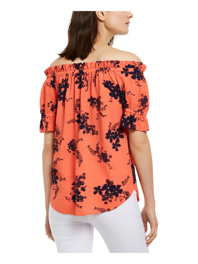 MICHAEL MICHAEL KORS Womens Coral Floral Elbow Sleeve Off Shoulder Top XS