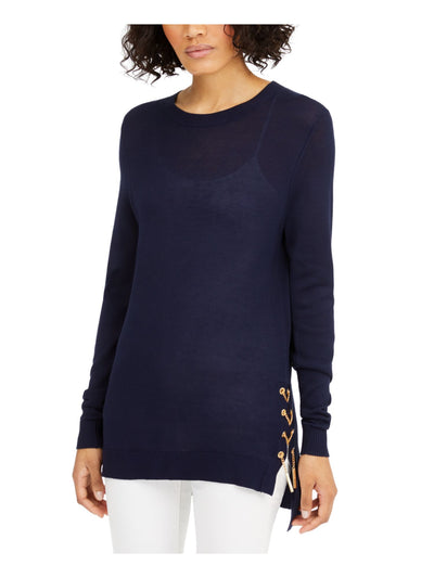 MICHAEL MICHAEL KORS Womens Navy Ribbed Grommets And Lace Up At Hem Long Sleeve Crew Neck Sweater P