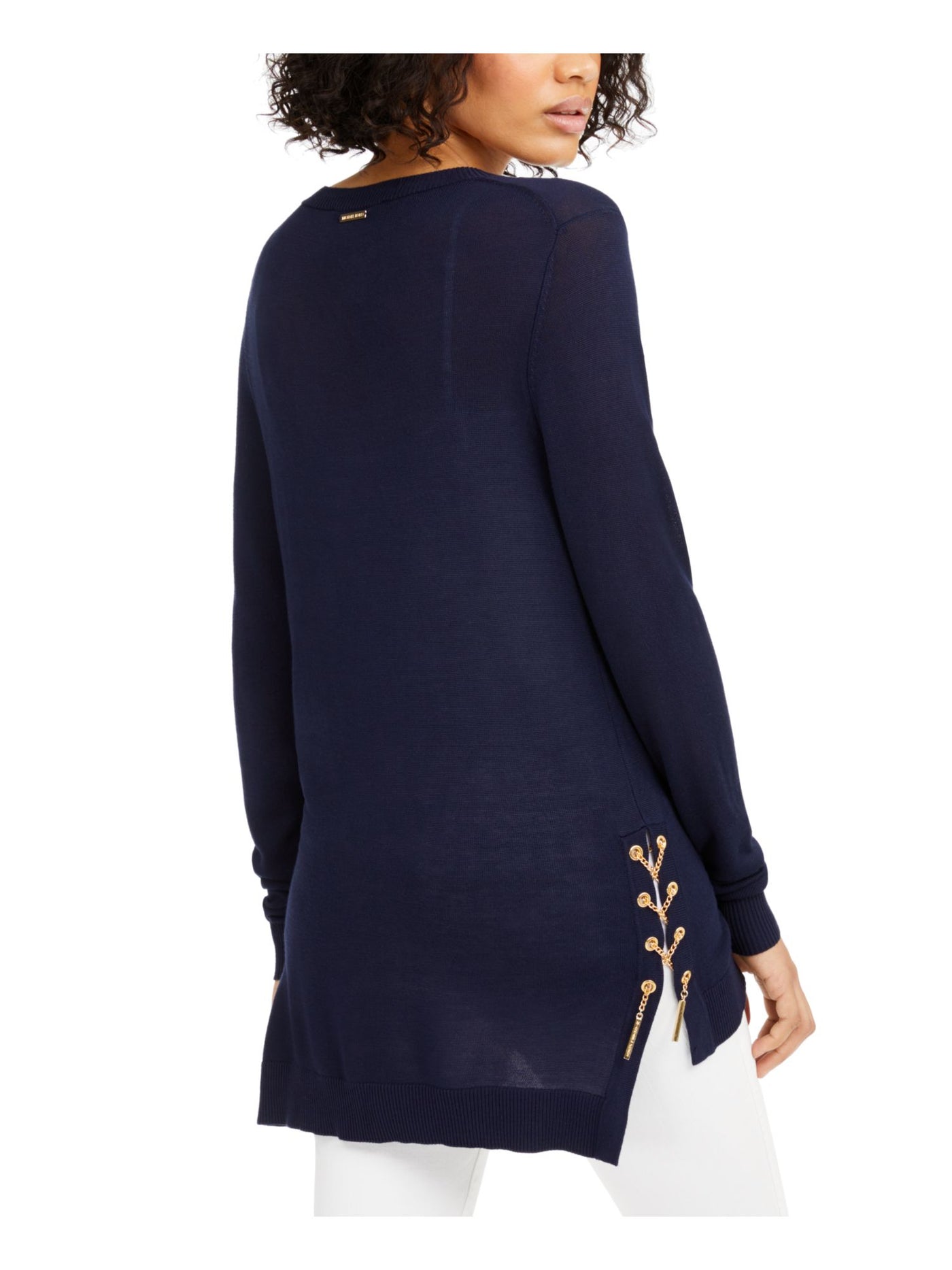 MICHAEL MICHAEL KORS Womens Navy Ribbed Grommets And Lace Up At Hem Long Sleeve Crew Neck Sweater P
