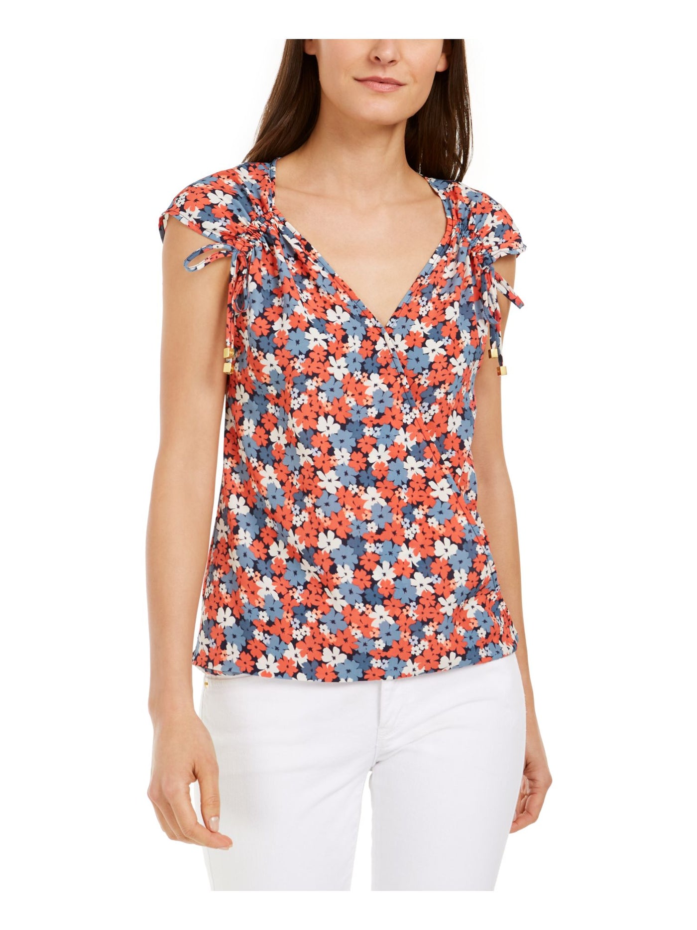 MICHAEL KORS Womens Coral Floral Sleeveless V Neck Top S