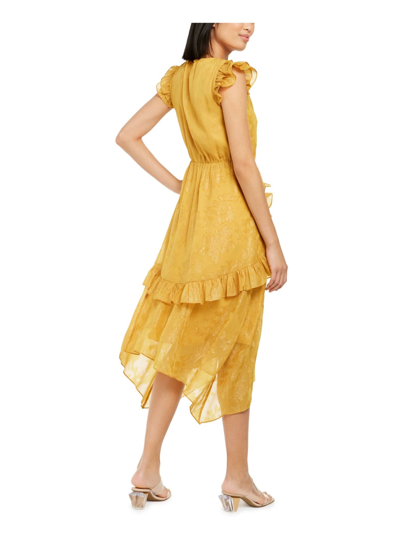 INC Womens Yellow Ruffled Floral Cap Sleeve V Neck Tea-Length Hi-Lo Dress XS