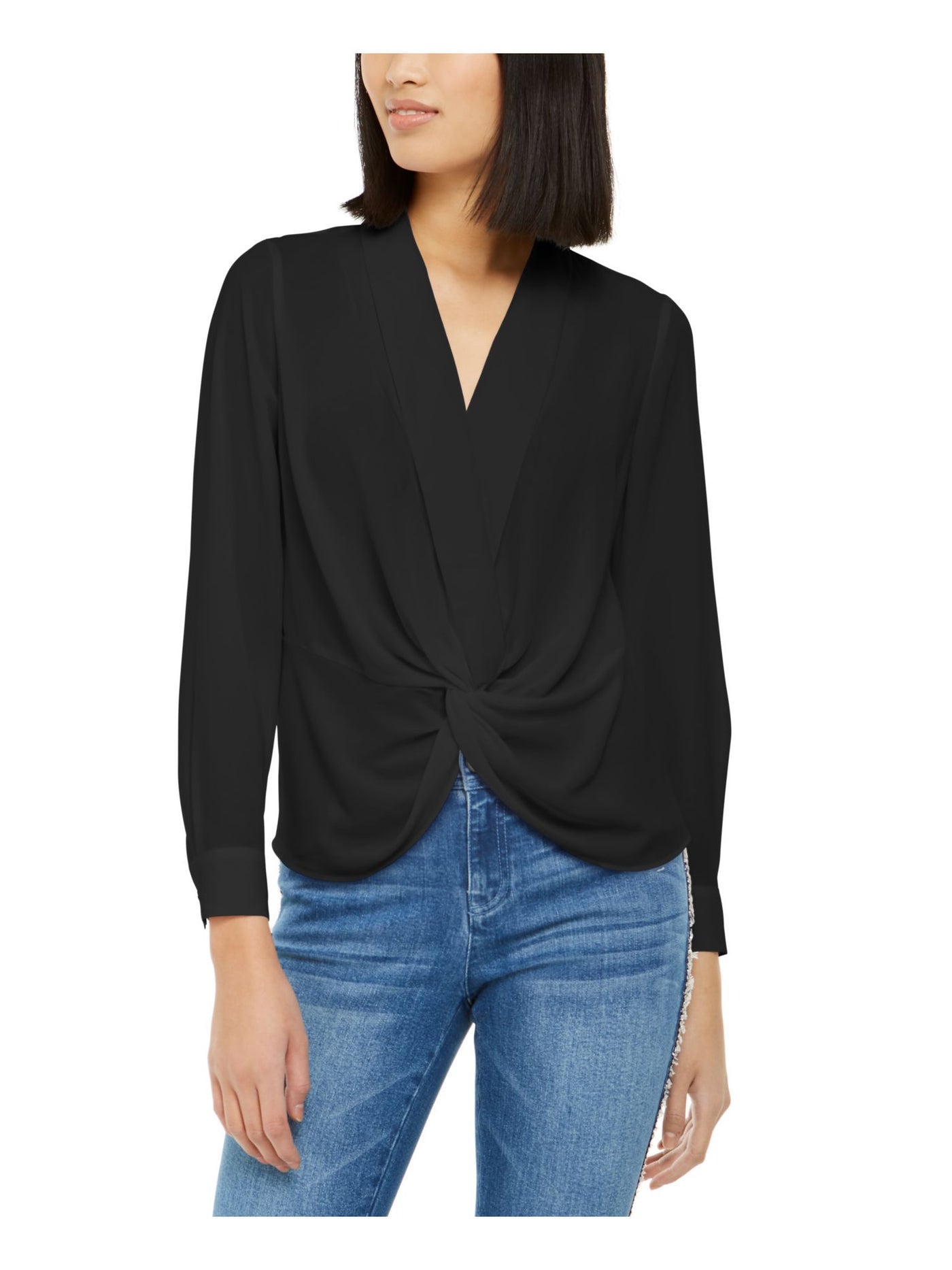 INC Womens Black Gathered Front Gathered Front Long Sleeve Collared Top S