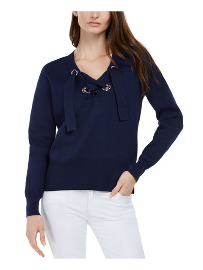MICHAEL MICHAEL KORS Womens Navy Long Sleeve V Neck Top L
