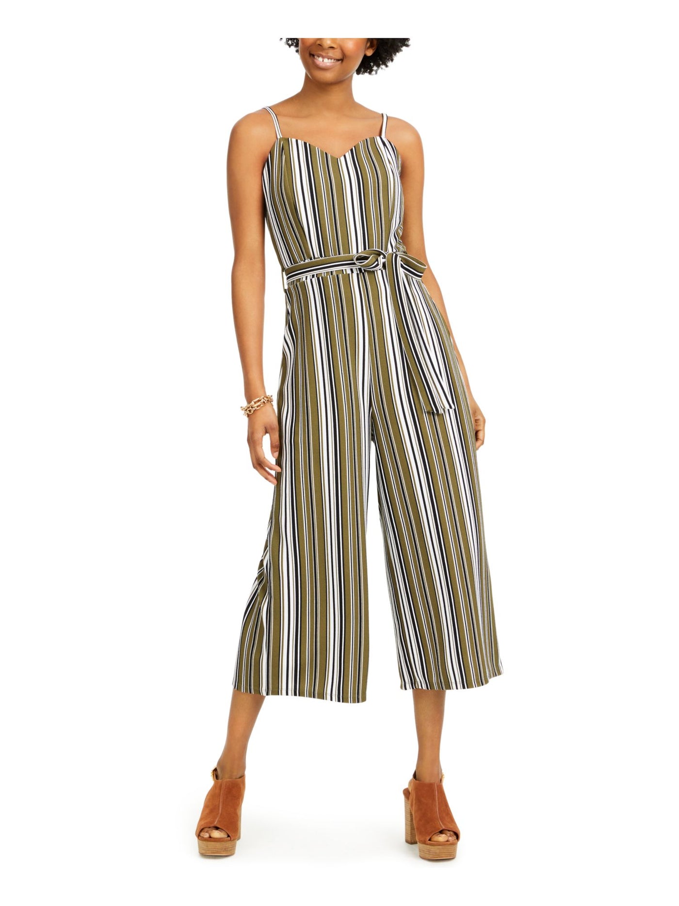 ALMOST FAMOUS Womens Green Belted Striped Spaghetti Strap Sweetheart Neckline Wide Leg Jumpsuit Juniors S