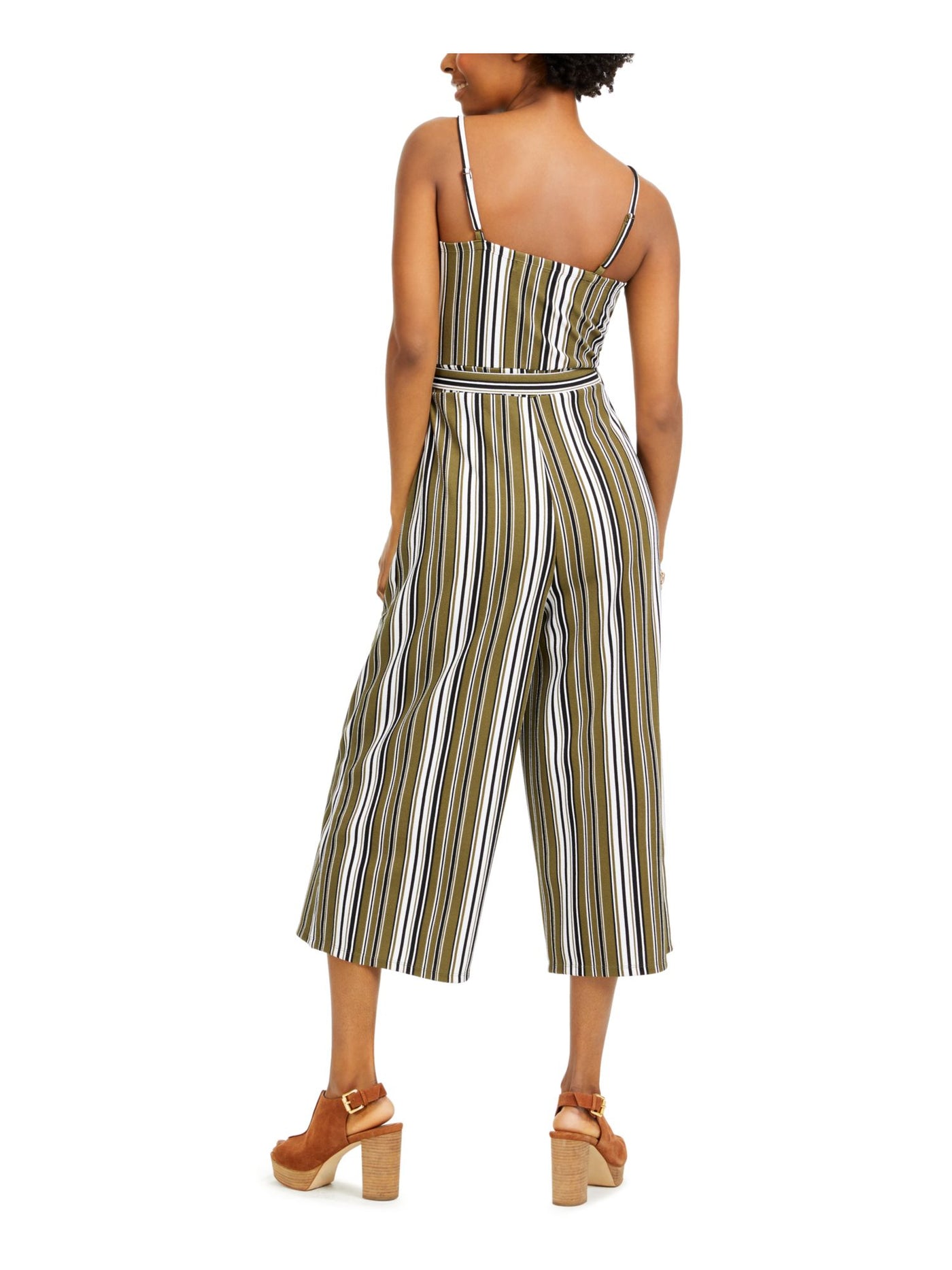 ALMOST FAMOUS Womens Green Belted Striped Spaghetti Strap Sweetheart Neckline Wide Leg Jumpsuit Juniors L