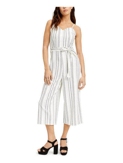 CRAVE FAME Womens Ivory Belted Striped Spaghetti Strap Sweetheart Neckline Wide Leg Jumpsuit XS