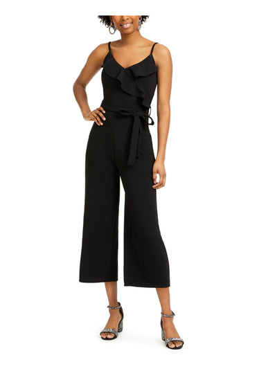 CRAVE FAME Womens Black Ruffled Tie Cropped Spaghetti Strap V Neck Cocktail Wide Leg Jumpsuit Juniors M