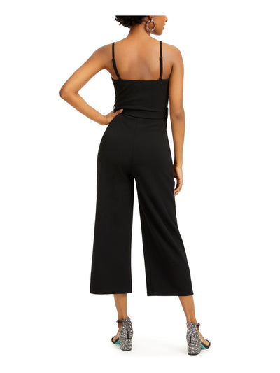 CRAVE FAME Womens Black Ruffled Tie Cropped Spaghetti Strap V Neck Cocktail Wide Leg Jumpsuit Juniors M