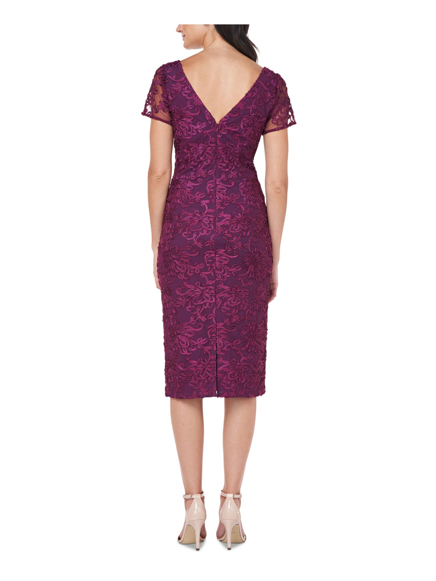 JS COLLECTION Womens Purple Embroidered Floral V Neck Midi Evening Sheath Dress 4