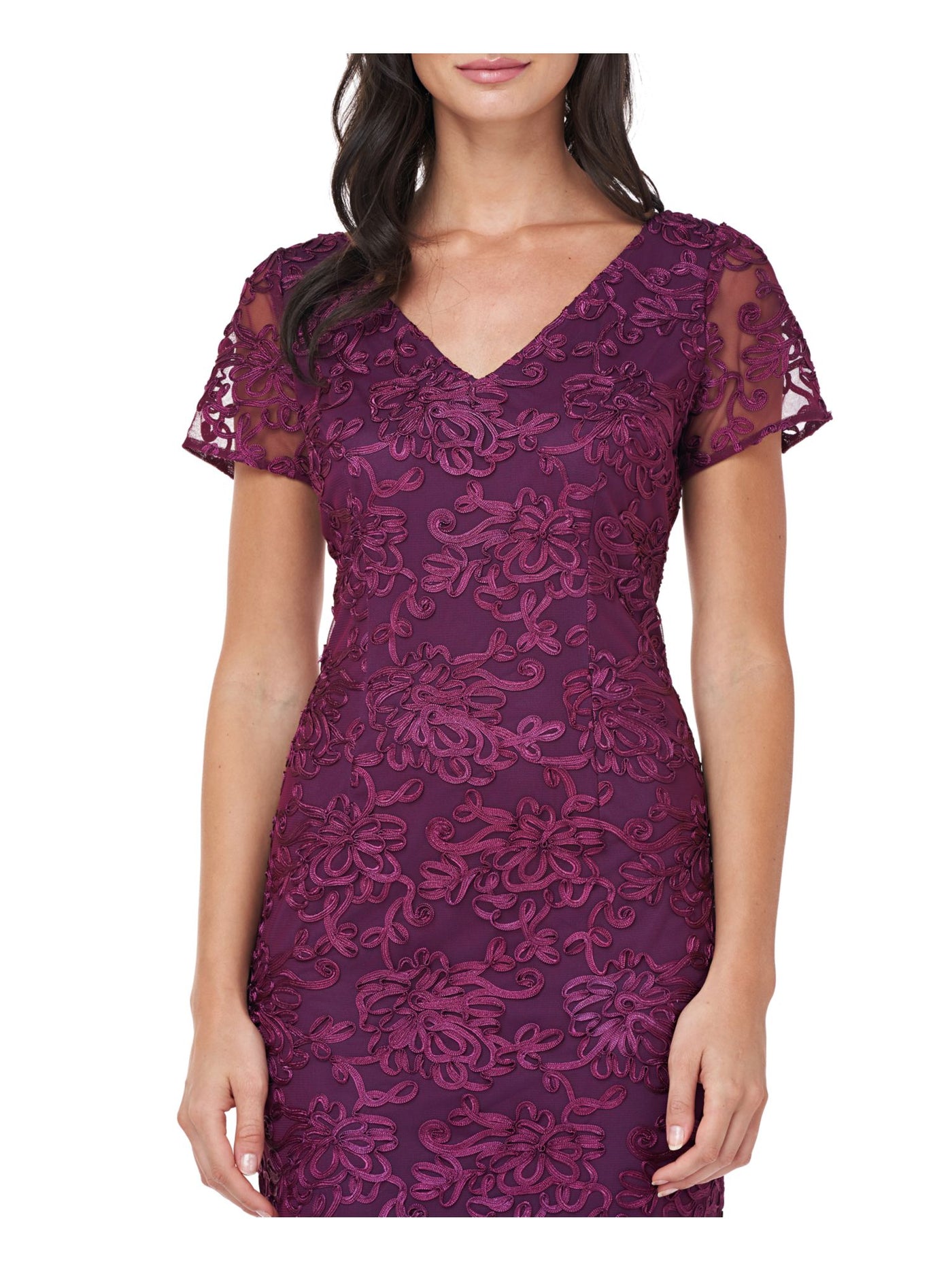 JS COLLECTION Womens Purple Embroidered Floral V Neck Midi Evening Sheath Dress 4