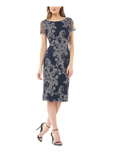 JS COLLECTION Womens Navy Embroidered Zippered Short Sleeve Boat Neck Below The Knee Evening Sheath Dress 2