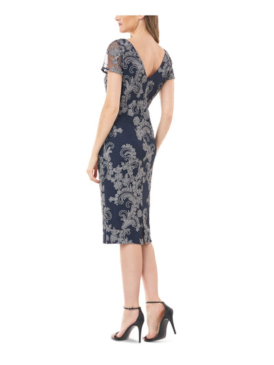 JS COLLECTION Womens Navy Embroidered Zippered Short Sleeve Boat Neck Below The Knee Evening Sheath Dress 2