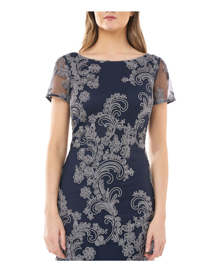 JS COLLECTION Womens Navy Embroidered Zippered Short Sleeve Boat Neck Below The Knee Evening Sheath Dress 2