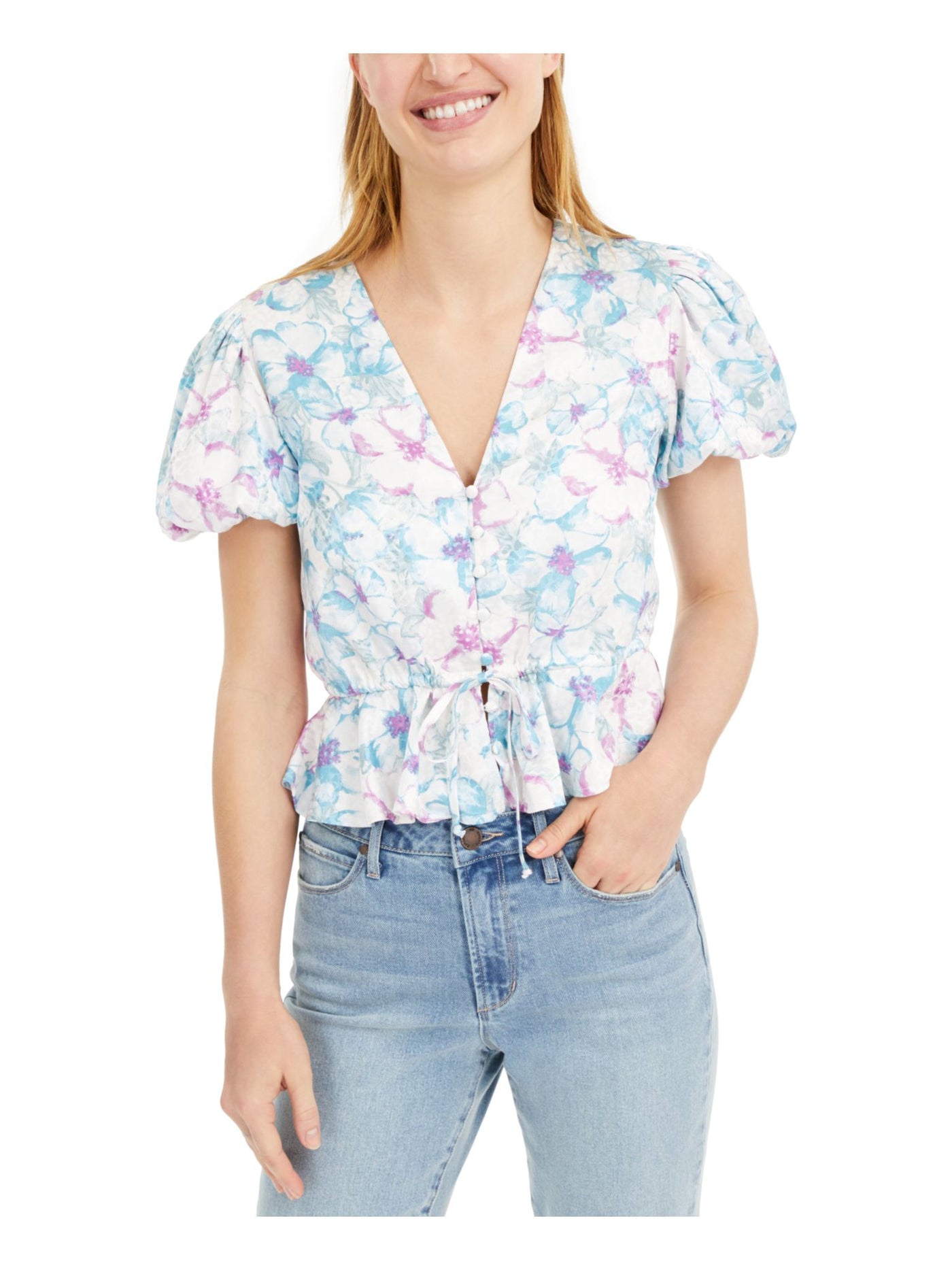 Rahi Womens Light Blue Floral Pouf V Neck Button Up Top XL