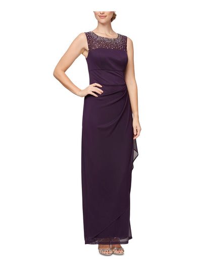 ALEX EVENINGS Womens Purple Embellished Sheer Zippered Sleeveless Illusion Neckline Maxi Evening Fit + Flare Dress Petites 6P