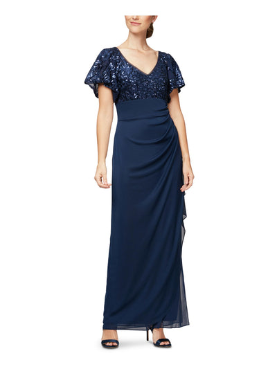 ALEX EVENINGS Womens Navy Ruched Embellished Lace Short Sleeve V Neck Full-Length Evening Empire Waist Dress Petites 6P