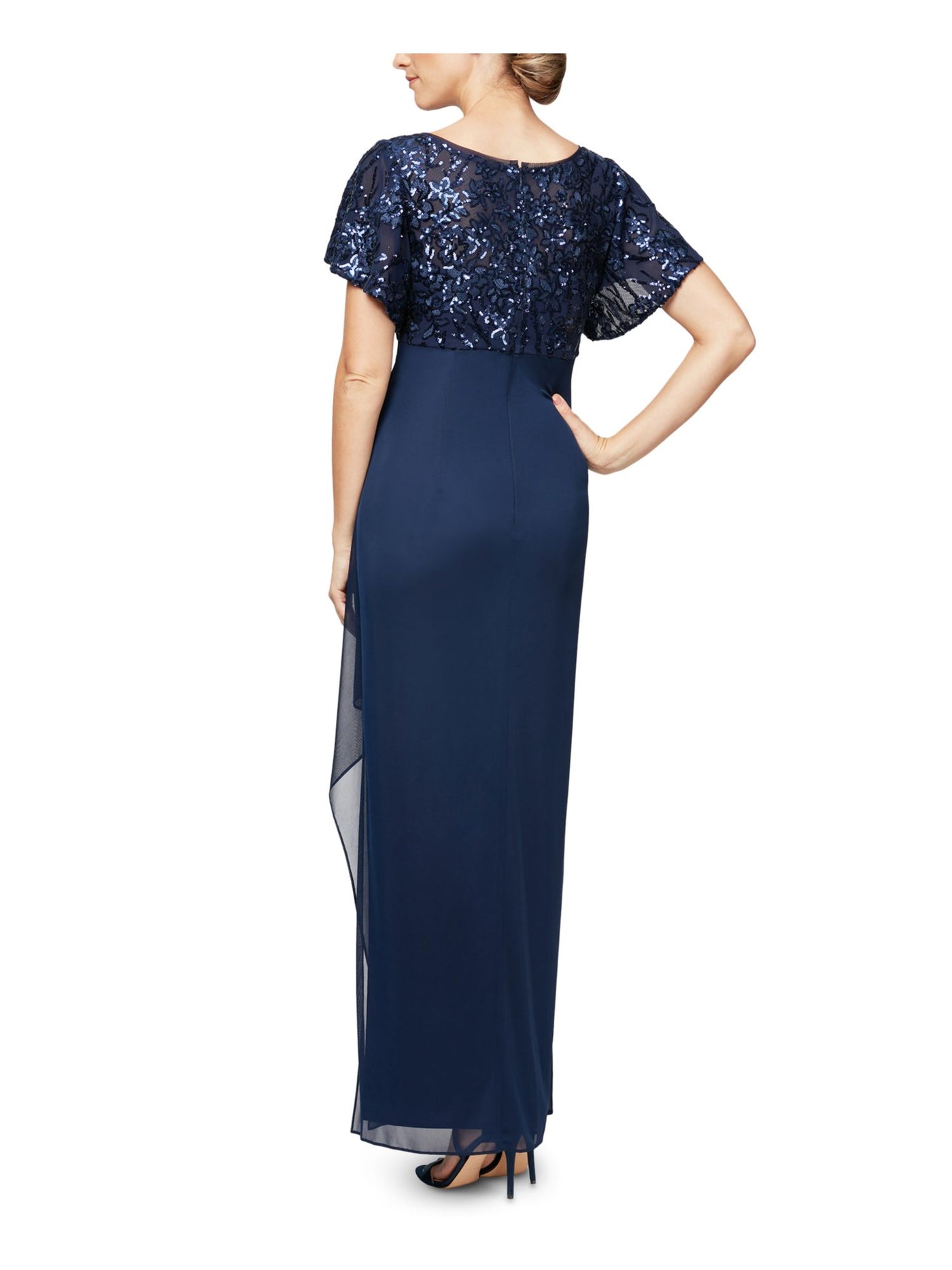 ALEX EVENINGS Womens Navy Ruched Embellished Lace Short Sleeve V Neck Full-Length Evening Empire Waist Dress Petites 6P