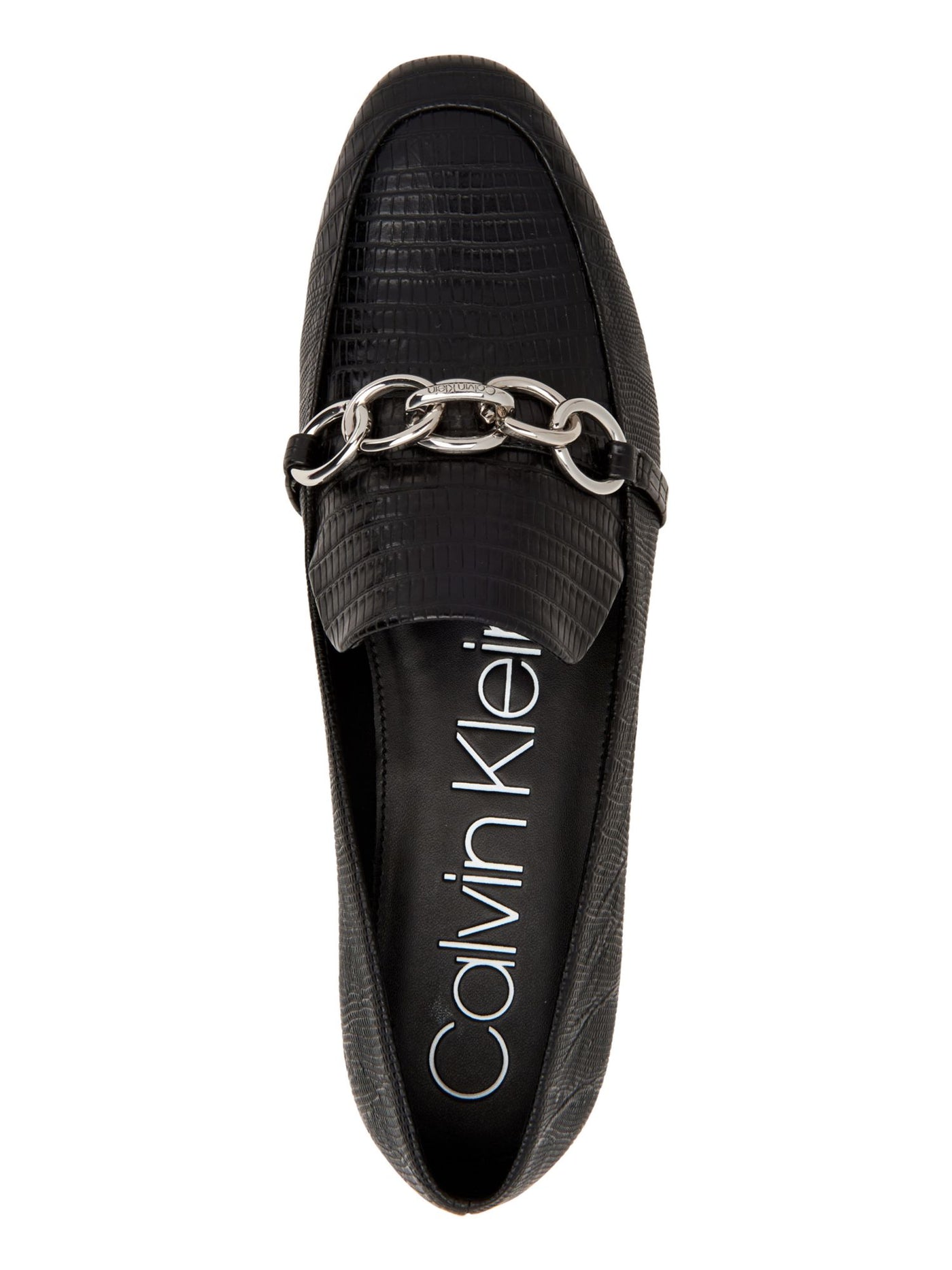 CALVIN KLEIN Womens Black Lizard Print Chain Link Accent Comfort Logo Banda Almond Toe Wedge Slip On Loafers Shoes 7.5