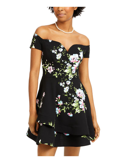 B DARLIN Womens Black Floral Off Shoulder Above The Knee Fit + Flare Dress Juniors 0
