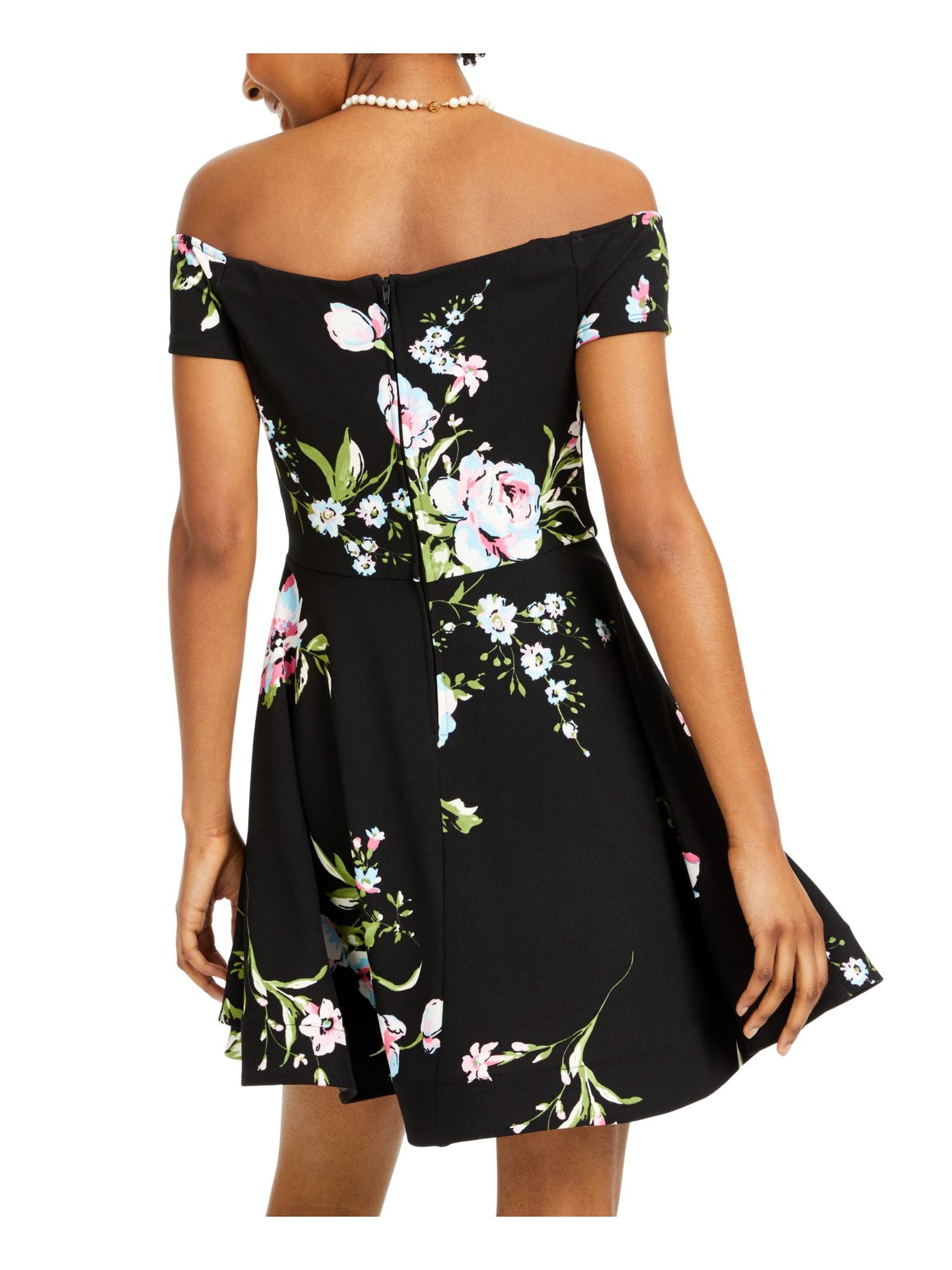 B DARLIN Womens Black Floral Off Shoulder Above The Knee Fit + Flare Dress Juniors 0