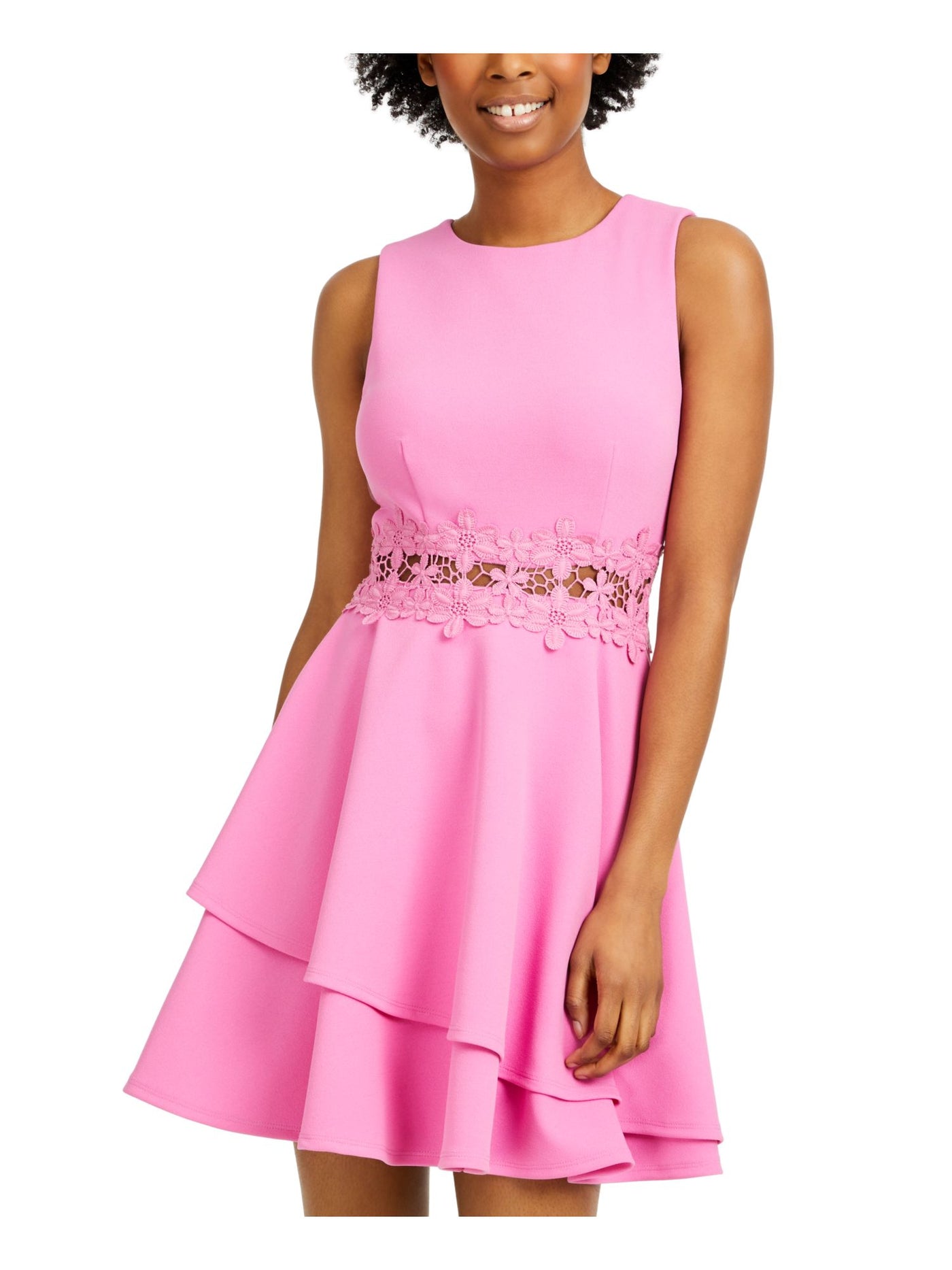 B DARLIN Womens Pink Stretch Ruffled Zippered Floral Lace Illusion Waist Sleeveless Crew Neck Short Party Fit + Flare Dress 3\4