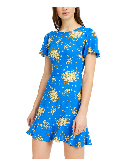 B DARLIN Womens Blue Floral Cap Sleeve Jewel Neck Short Fit + Flare Dress 9\10