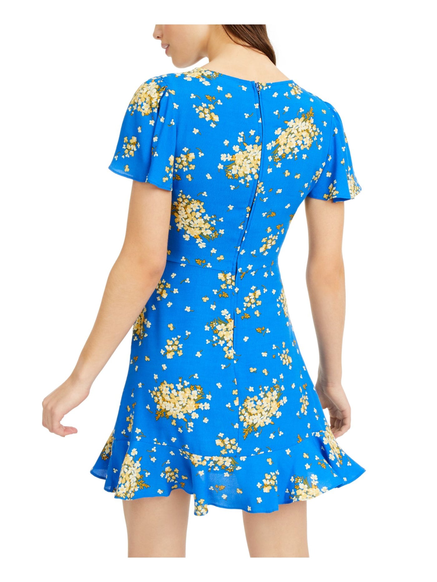 B DARLIN Womens Blue Floral Cap Sleeve Jewel Neck Short Fit + Flare Dress 3\4