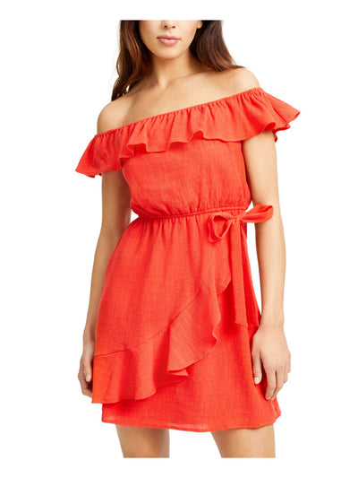 CITY STUDIO Womens Orange Sleeveless Off Shoulder Short Shift Dress S