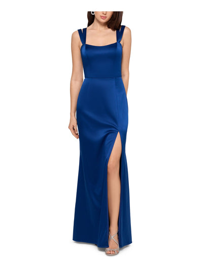 XSCAPE Womens Blue Slitted Double-strap Satin Sweetheart Neckline Full-Length Evening Dress 2