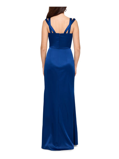 XSCAPE Womens Navy Slitted Double-strap Satin Sweetheart Neckline Full-Length Evening Dress 6