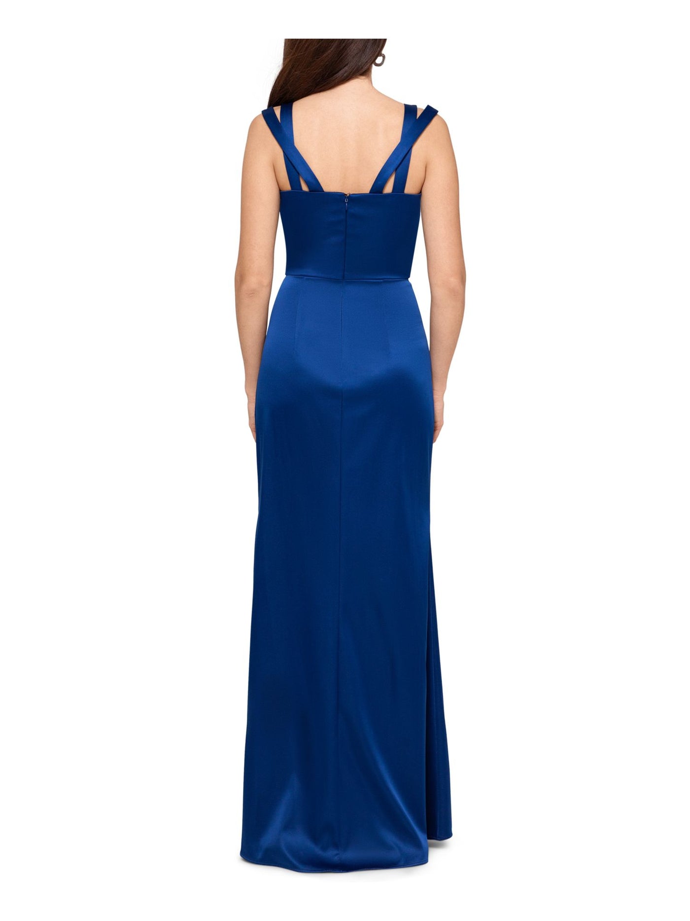 XSCAPE Womens Blue Slitted Double-strap Satin Sweetheart Neckline Full-Length Evening Dress 2