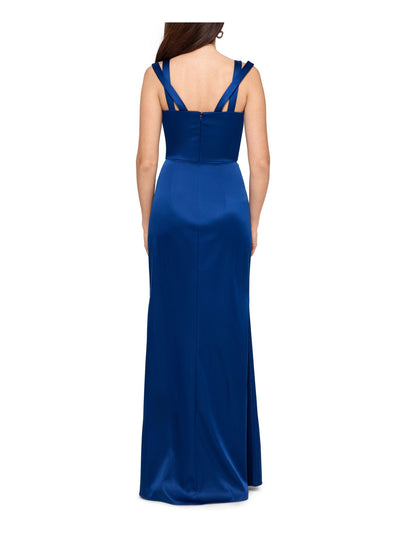 XSCAPE Womens Blue Slitted Double-strap Satin Sweetheart Neckline Full-Length Evening Dress 6