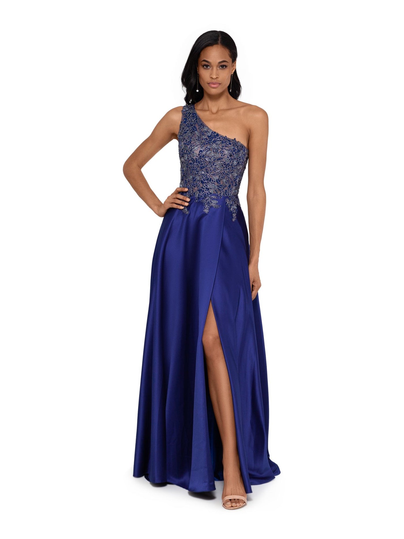 XSCAPE Womens Blue Embroidered Embellished Sleeveless Asymmetrical Neckline Full-Length Formal A-Line Dress Petites 2P