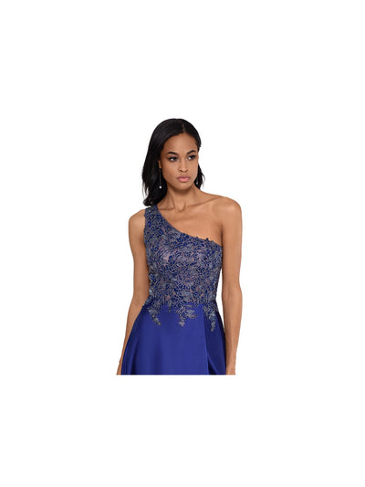 XSCAPE Womens Blue Embroidered Embellished Sleeveless Asymmetrical Neckline Full-Length Formal A-Line Dress Petites 2P