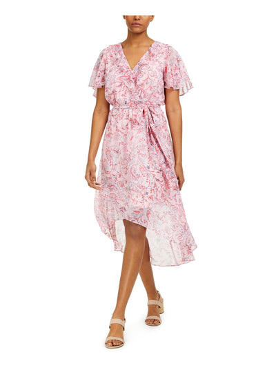 BAR III Womens Pink Ruffled Belted Sleeves Paisley Short Sleeve V Neck Below The Knee Evening Fit + Flare Dress XS
