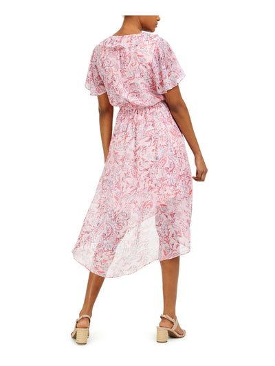 BAR III Womens Pink Ruffled Belted Sleeves Paisley Short Sleeve V Neck Below The Knee Evening Fit + Flare Dress S