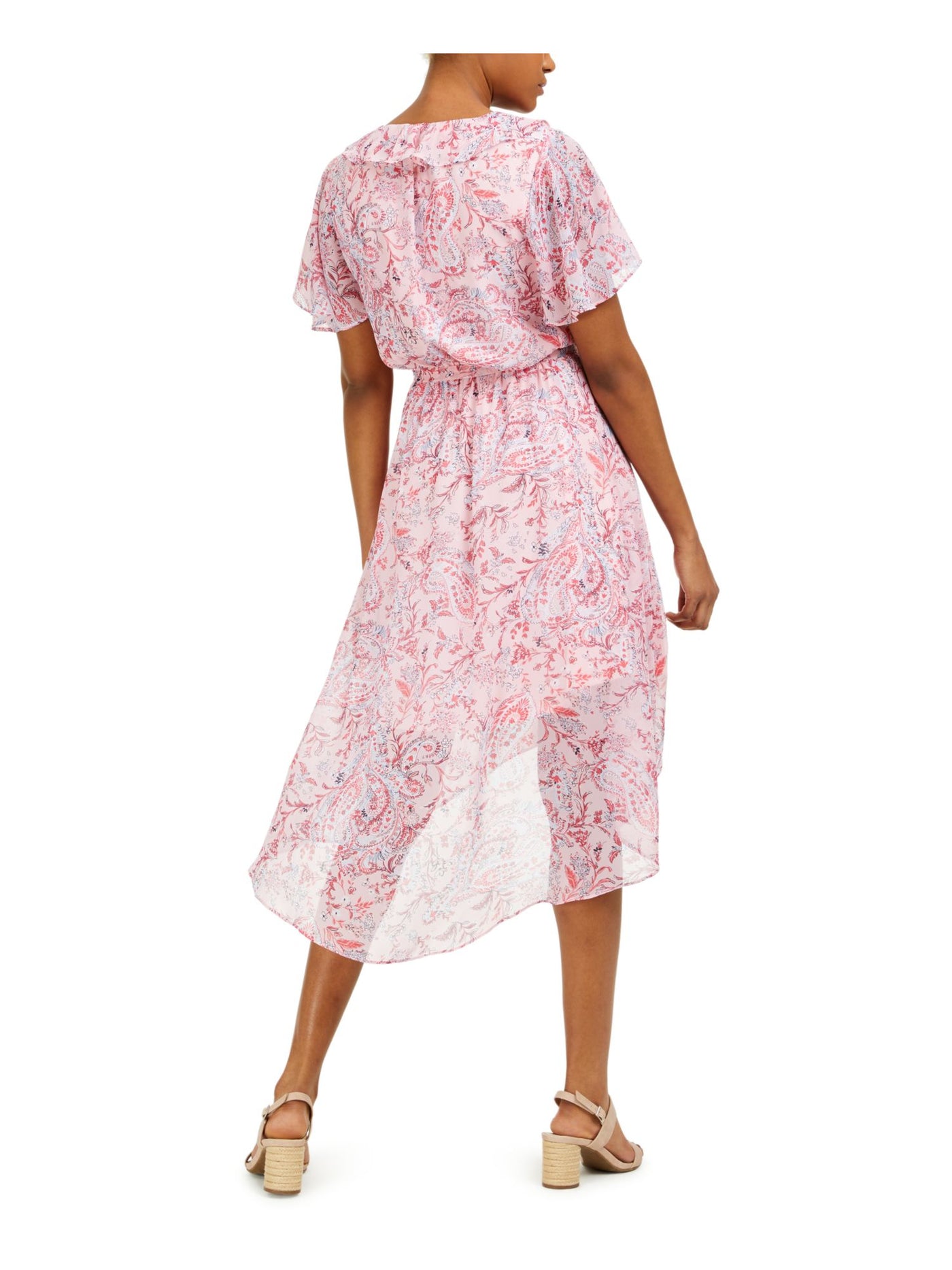 BAR III Womens Pink Ruffled Belted Sleeves Paisley Short Sleeve V Neck Below The Knee Evening Fit + Flare Dress XS