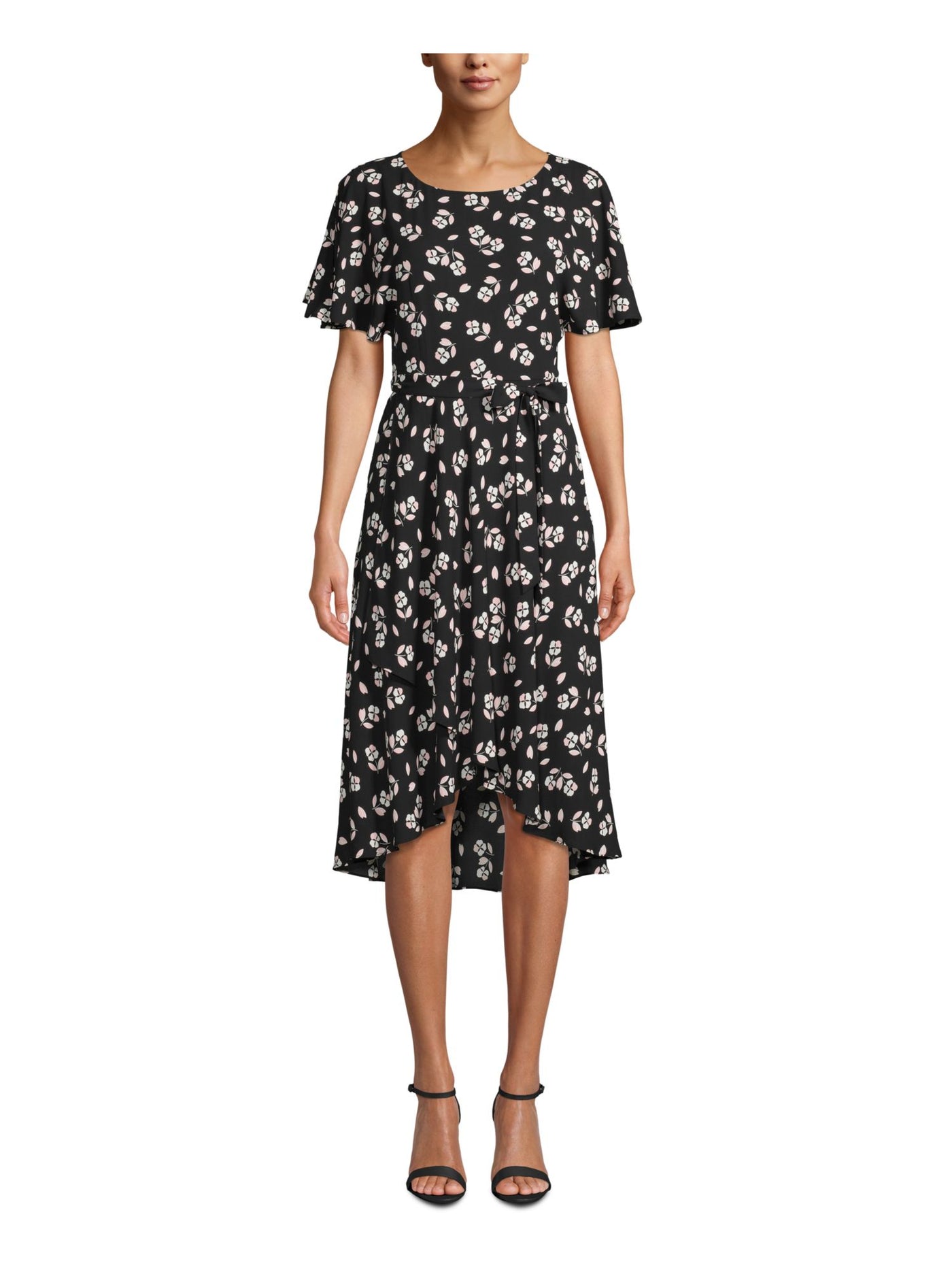ANNE KLEIN Womens Black Floral Short Sleeve Jewel Neck Below The Knee Fit + Flare Dress 2