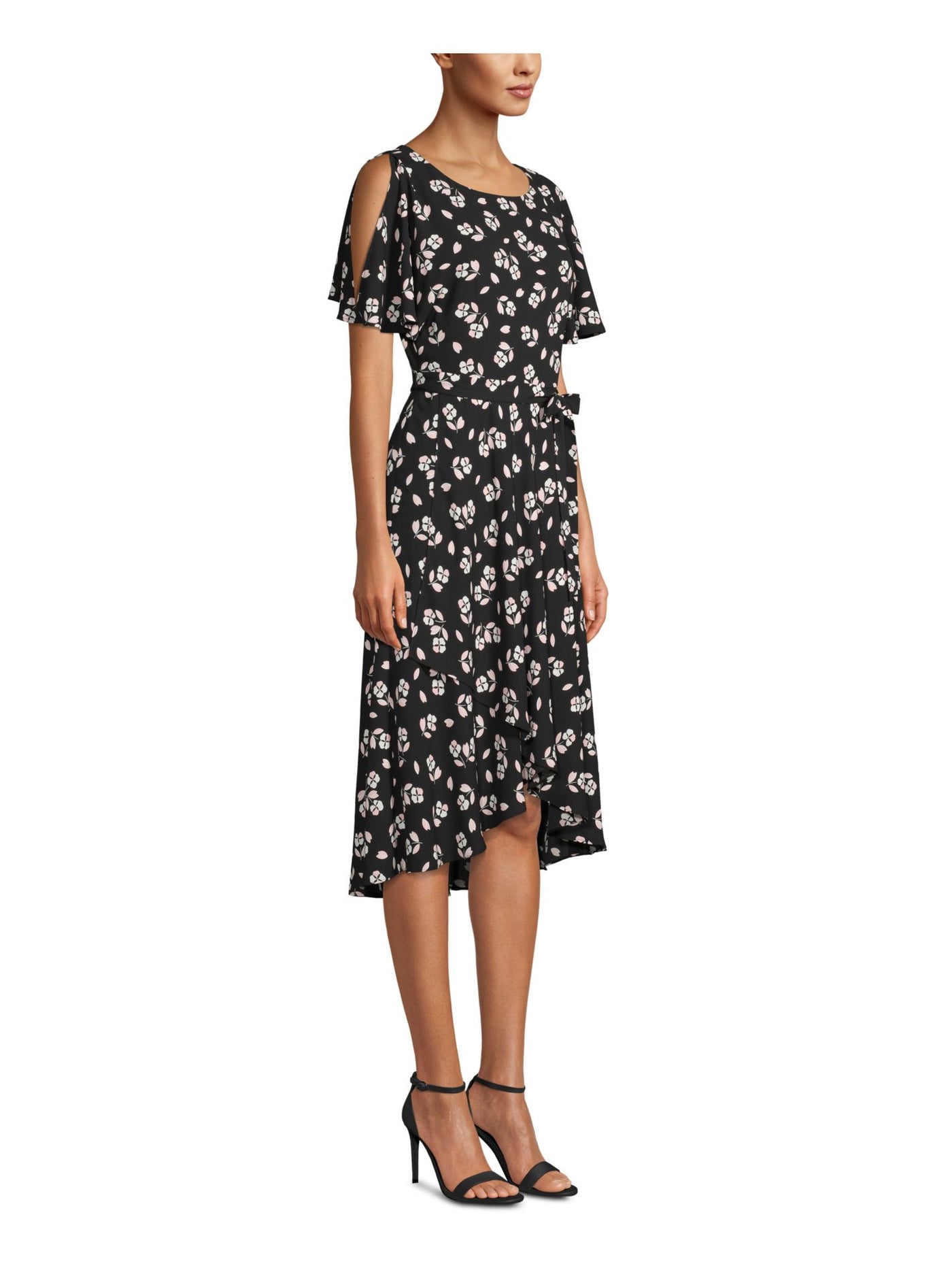 ANNE KLEIN Womens Black Floral Short Sleeve Jewel Neck Below The Knee Fit + Flare Dress 2